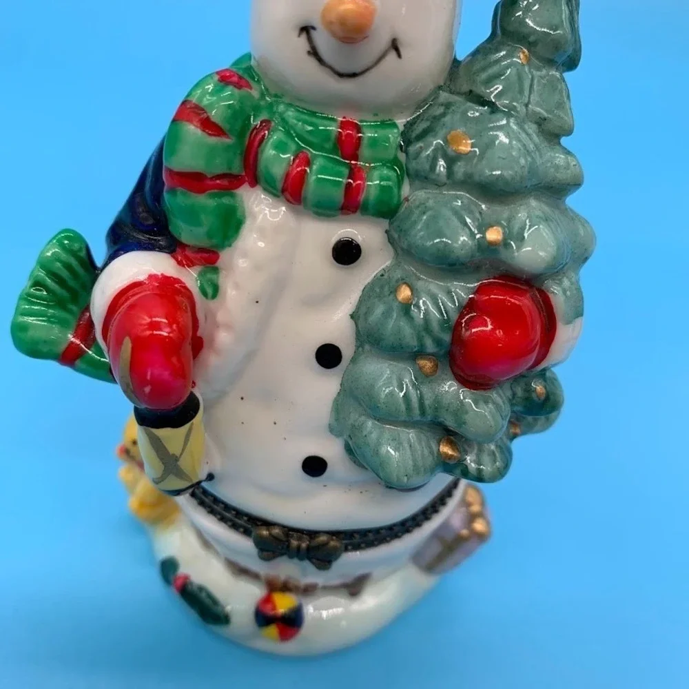 Christmas Snowman Holding Tree Holiday Ceramic Trinket Box Figurine